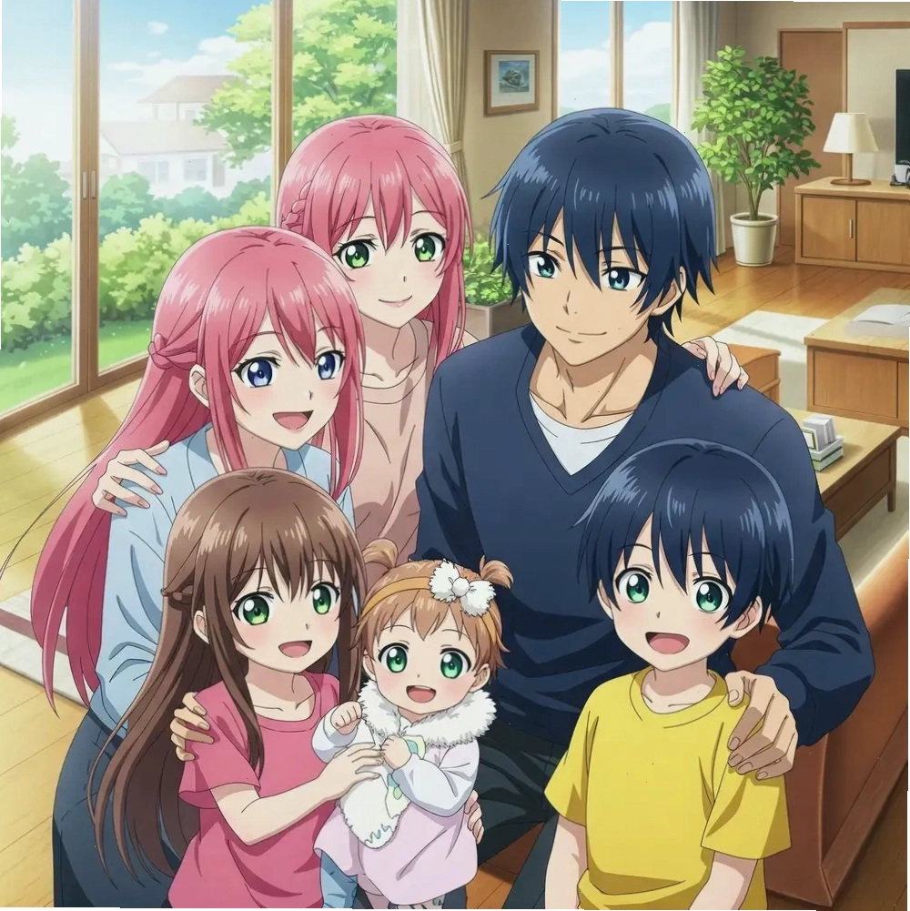 Ảnh gia đình 5 người 3 gái anime dễ thương