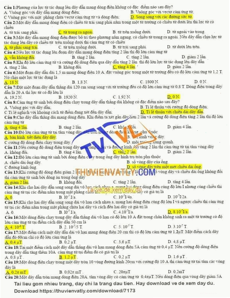 Bài tập trắc nghiệm từ trường có đáp án