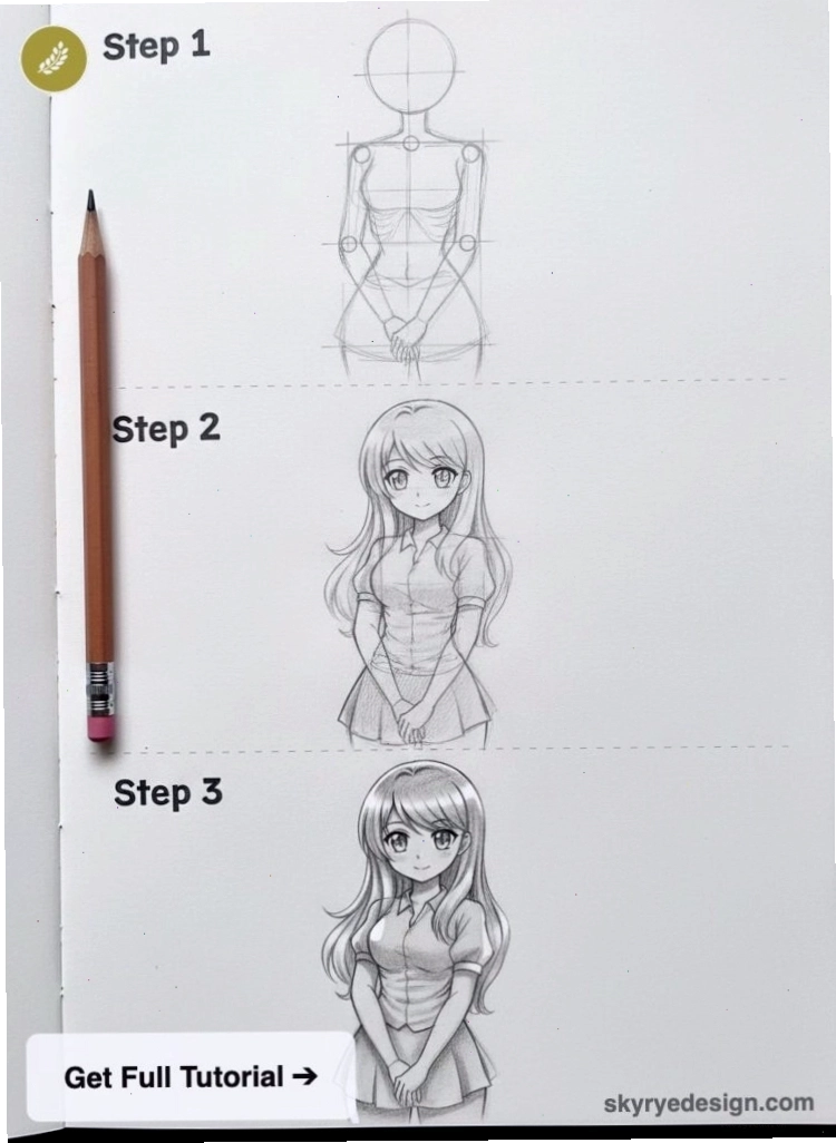 Các bước vẽ phác thảo body anime nữ với các đường nét cơ bản