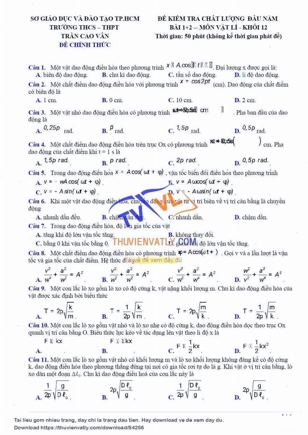 Đề kiểm tra bài 1-Bài 2-Vật lý 12