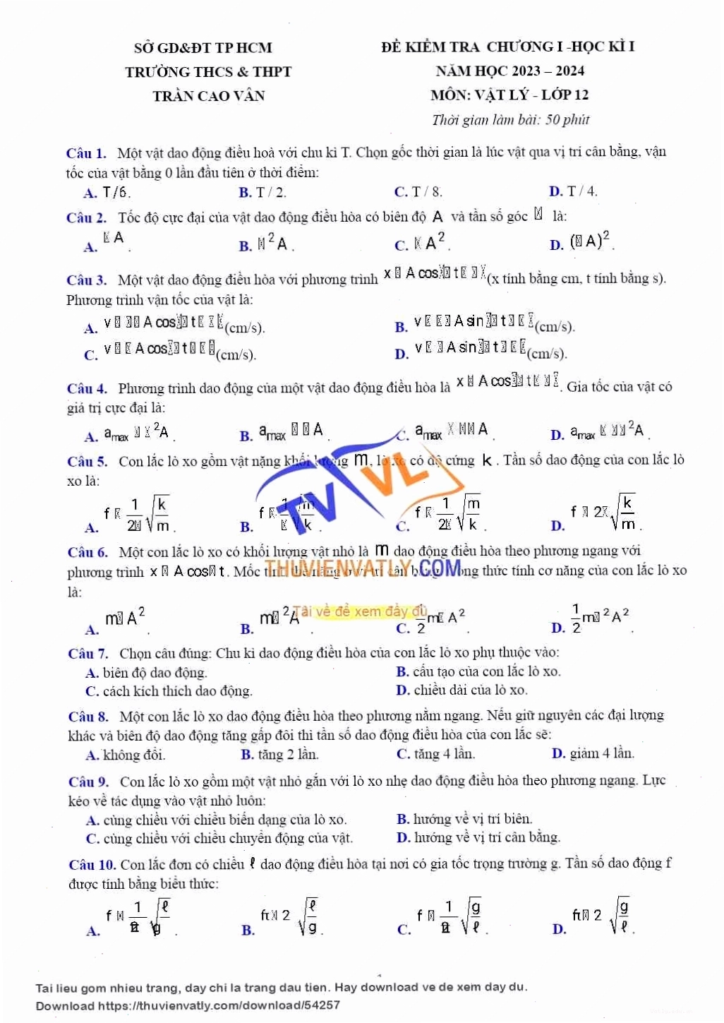 Đề kiểm tra chương 1-Dao động cơ