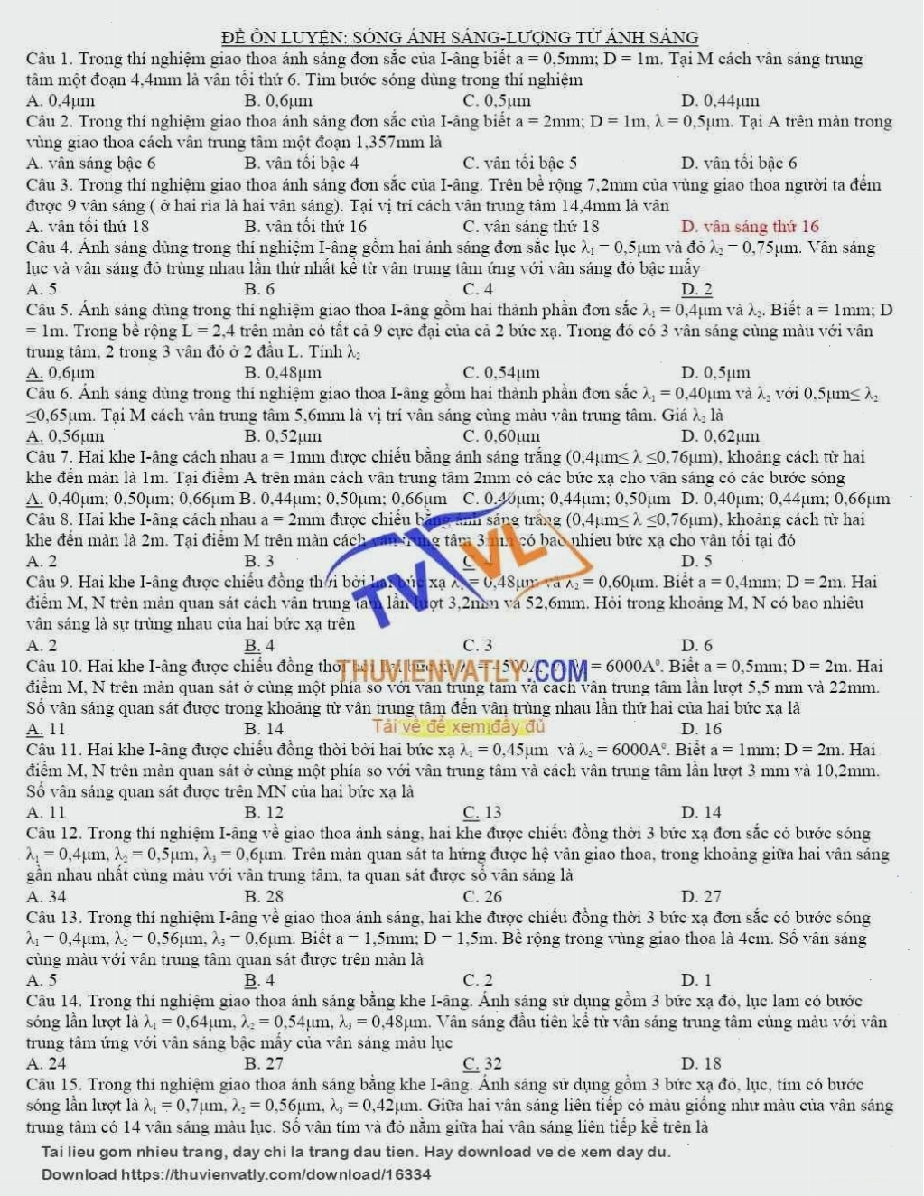 Đề ôn thi sóng ánh sáng và lượng tử ánh sáng