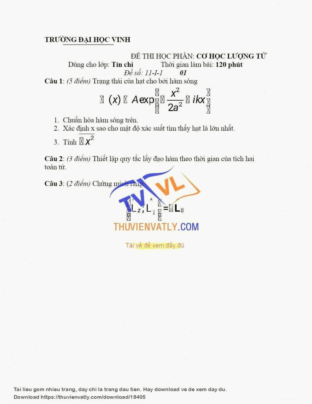 Đề thi Cơ học lượng tử