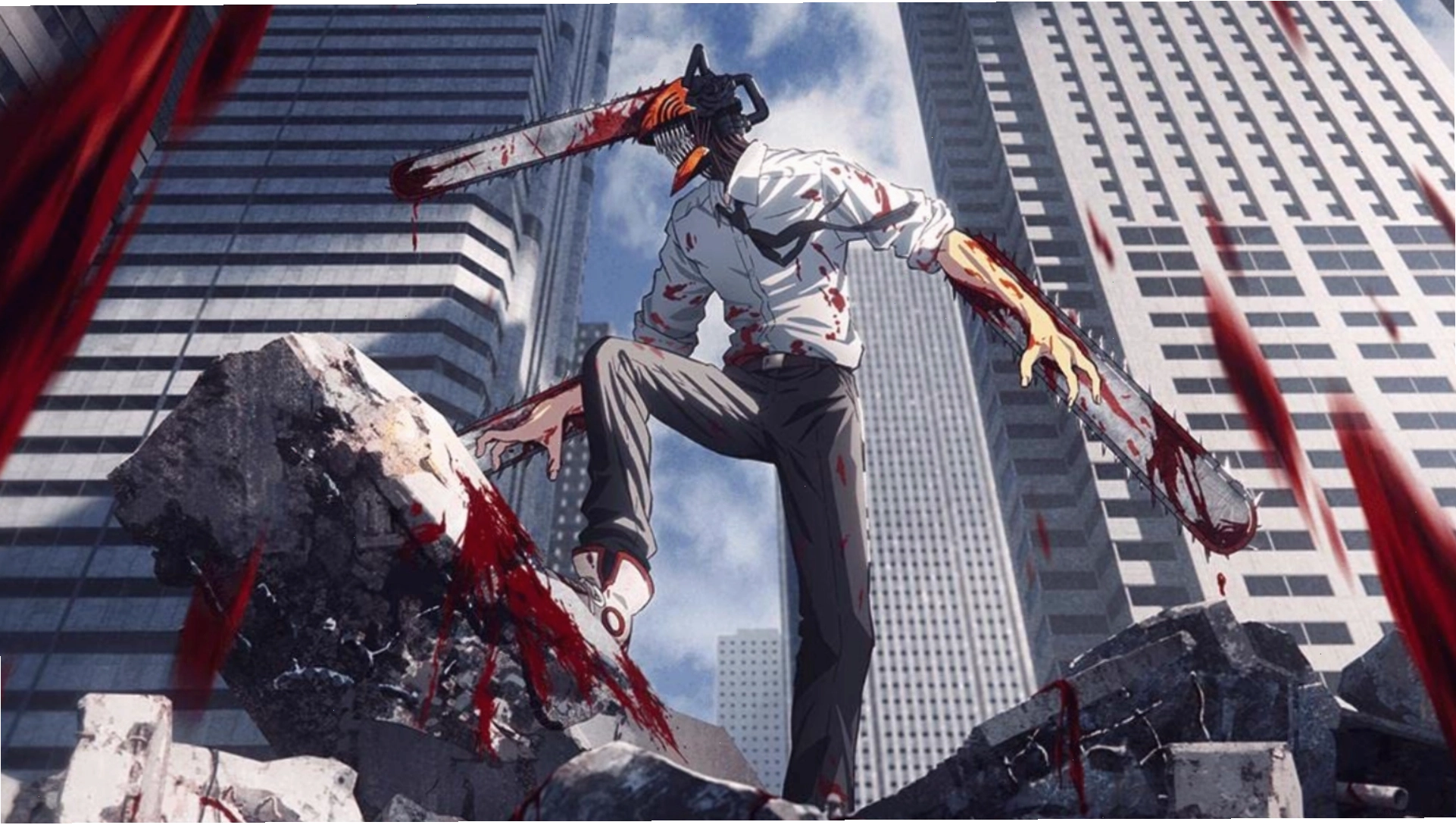 Denji biến hình thành quỷ Chainsaw, phủ đầy máu và đứng trên đống đổ nát trong thành phố tại series anime Chainsaw Man.