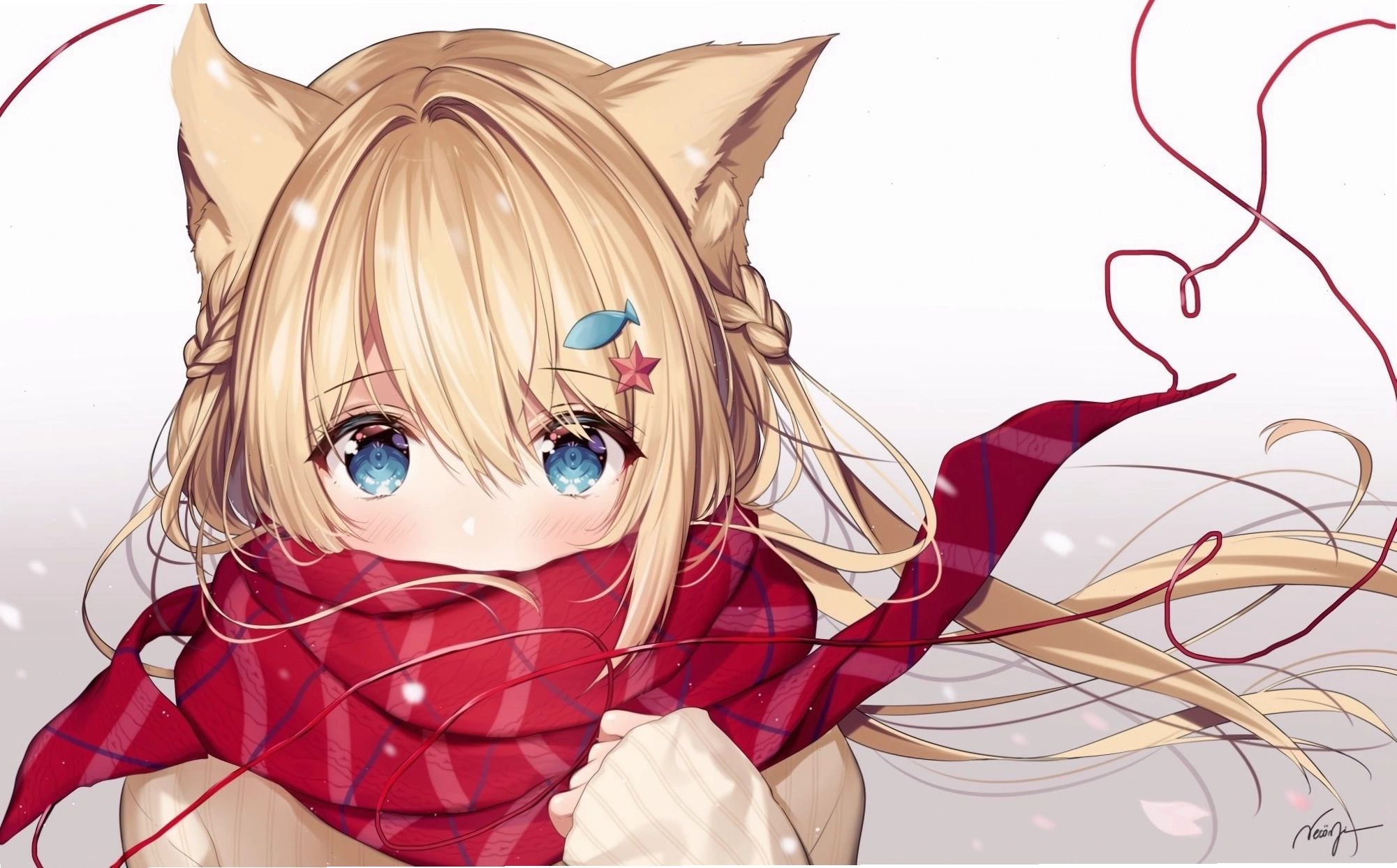 Download 2000x1238 Anime Cat Girl, Blonde, Red Scarf, Animal Ears