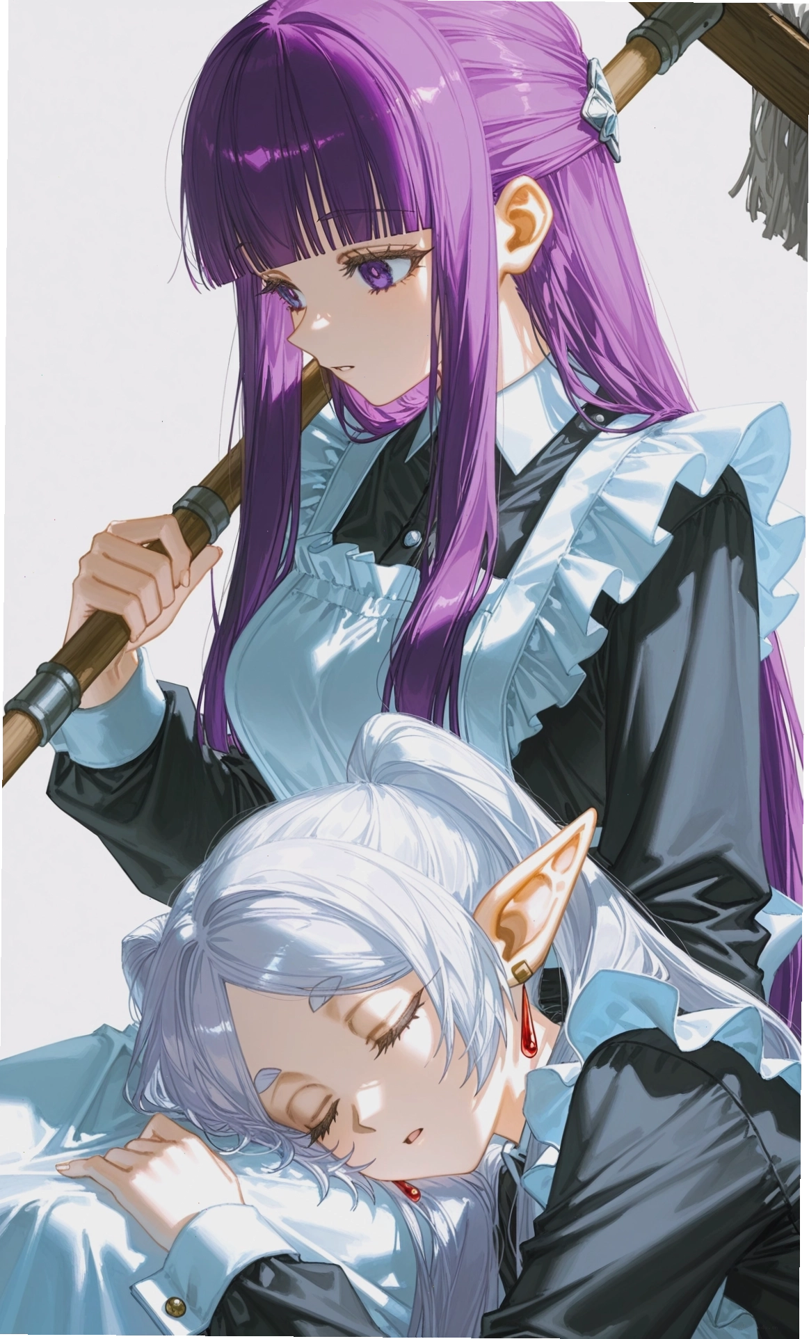 Hai cô gái anime với trang phục và kiểu tóc khác nhau