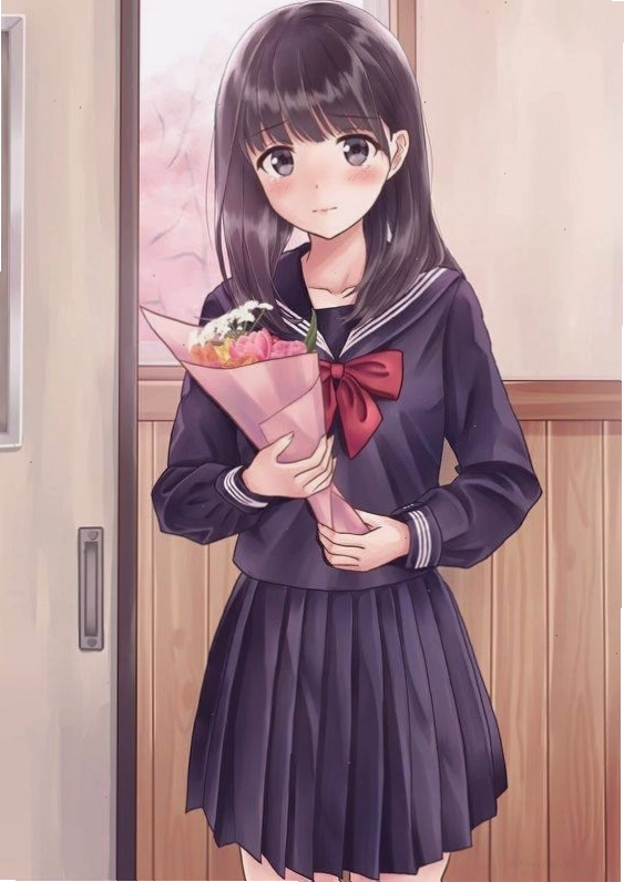 Hình ảnh anime nữ sinh cầm bó hoa thể hiện sự dịu dàng