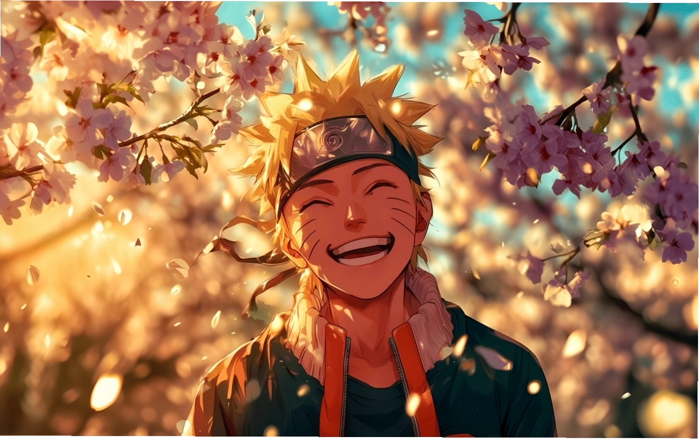 Hình nền Naruto Uzumaki cười tươi dưới hoa anh đào