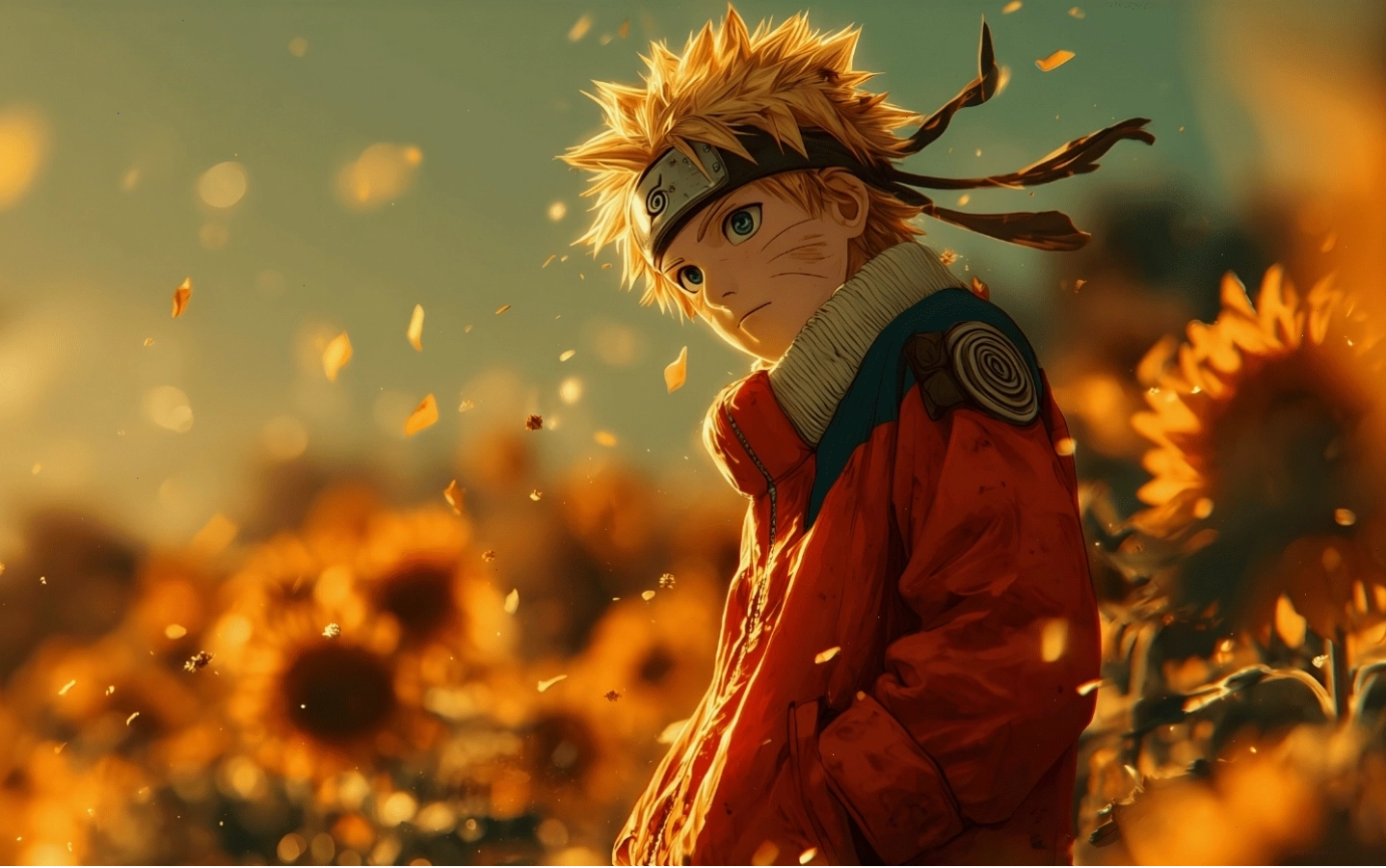 Hình nền Naruto Uzumaki dưới những cánh hoa bay lãng mạn