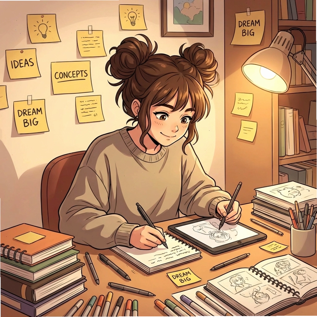 Họa sĩ đang sử dụng AI để tạo nhân vật anime tại bàn làm việc sáng tạo