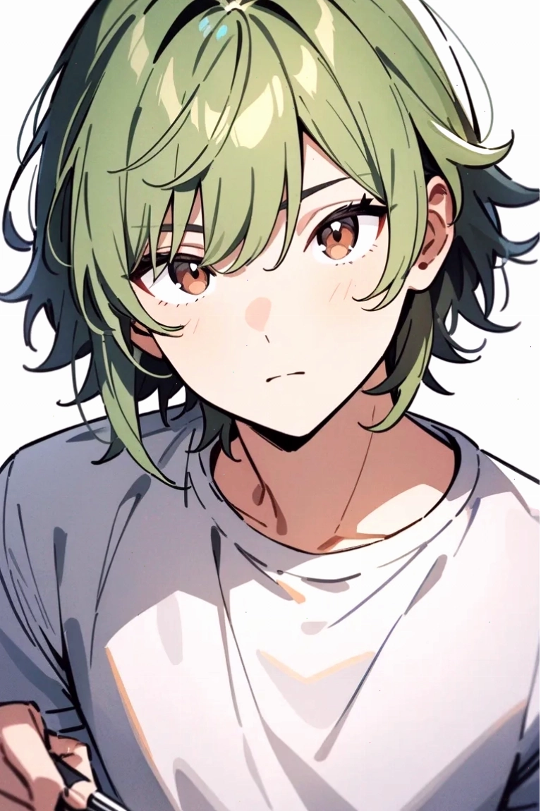 Nhân vật anime nam tóc xanh lá, mắt nâu, đang suy tư