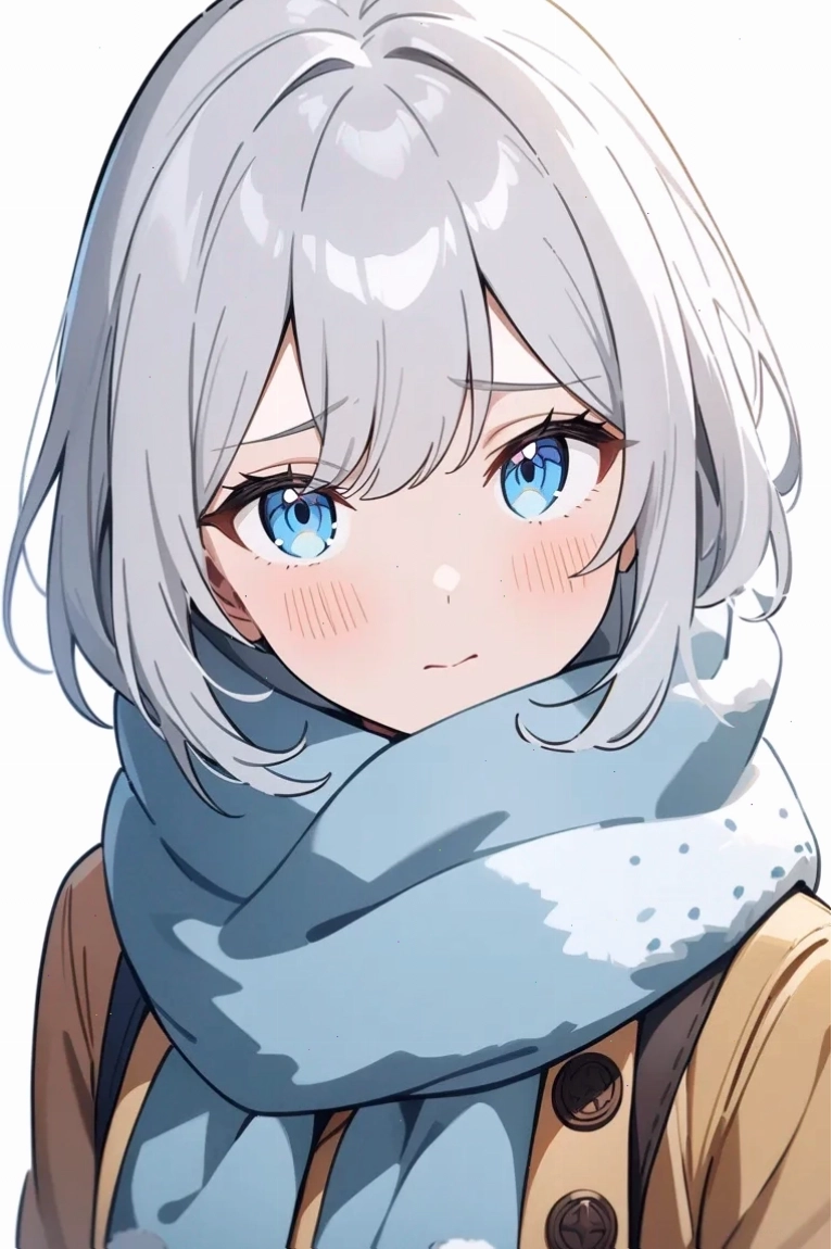 Nhân vật anime nữ tóc bạc với đôi mắt xanh băng giá, biểu cảm rụt rè