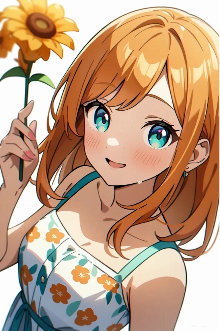 Nhân vật anime nữ tóc cam, mắt xanh ngọc, biểu cảm tinh nghịch
