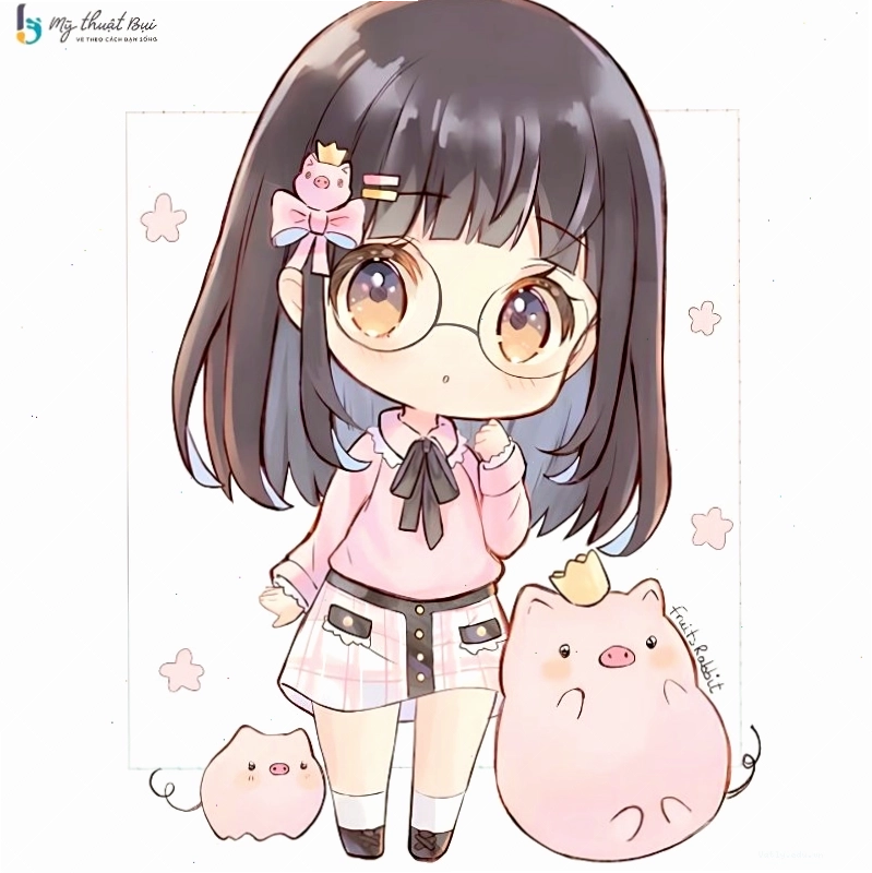 Nhân vật Chibi nữ với trang phục váy xòe và phụ kiện nơ dễ thương