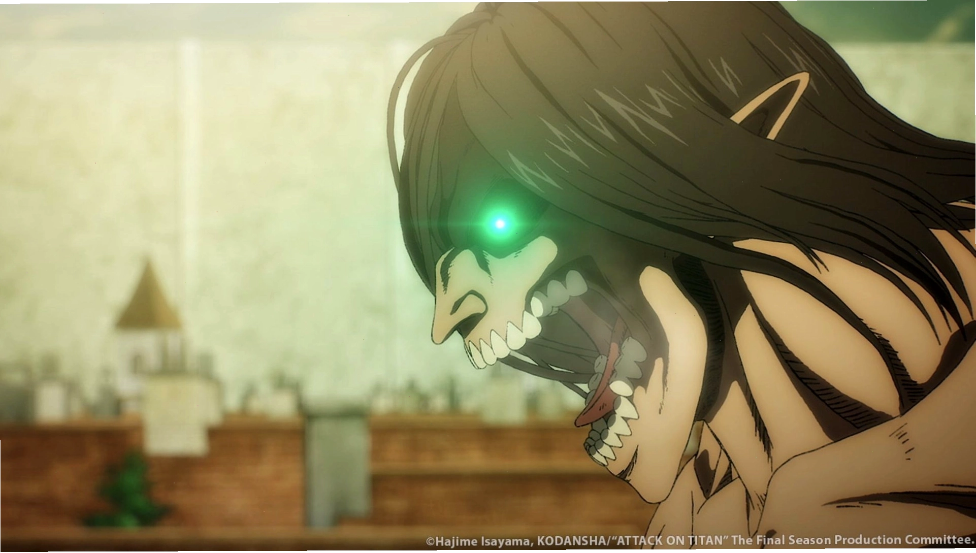 Nhân vật Eren Yeager trong Attack on Titan với đôi mắt phát sáng gào thét