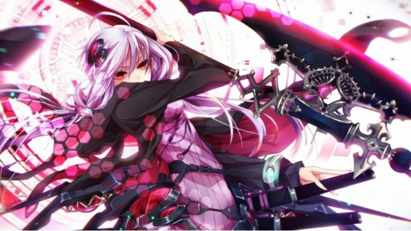 Nữ chiến binh anime tóc tím với trang phục mạnh mẽ