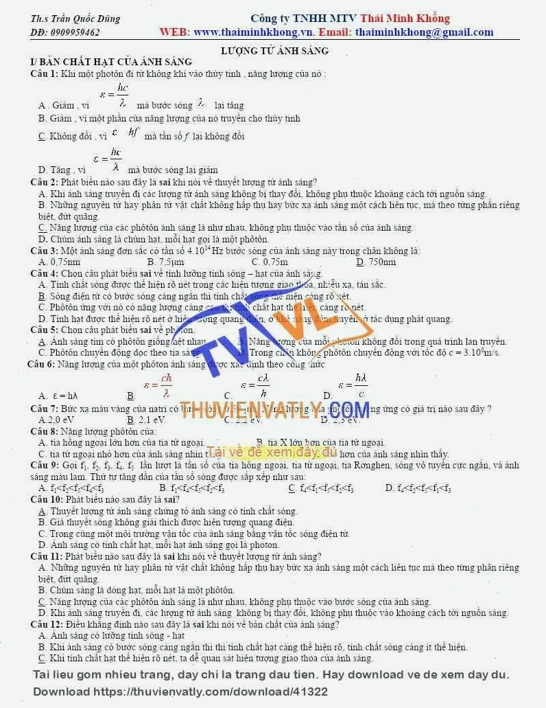 Phân loại các dạng bài tập lượng tử ánh sáng theo từng chuyên đề từ dễ đến khó