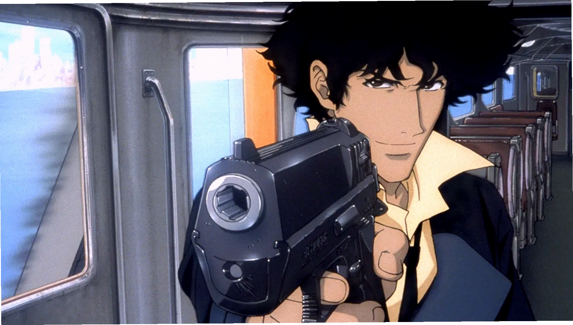 Spike đang chĩa súng trong bộ anime nổi tiếng, Cowboy Bebop.
