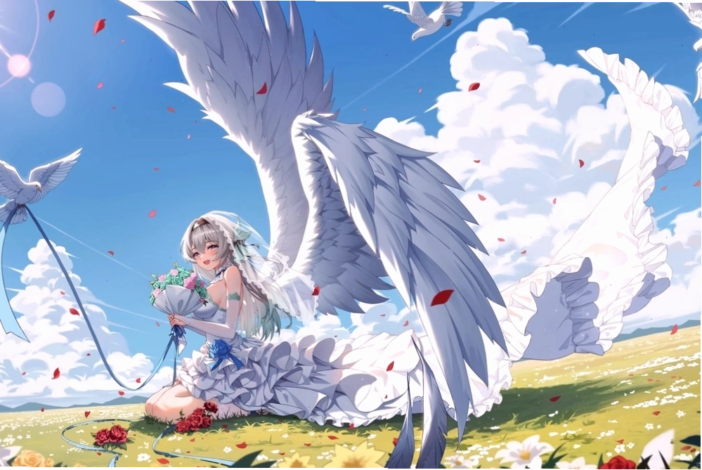 Thiên thần anime với đôi cánh trắng to lớn