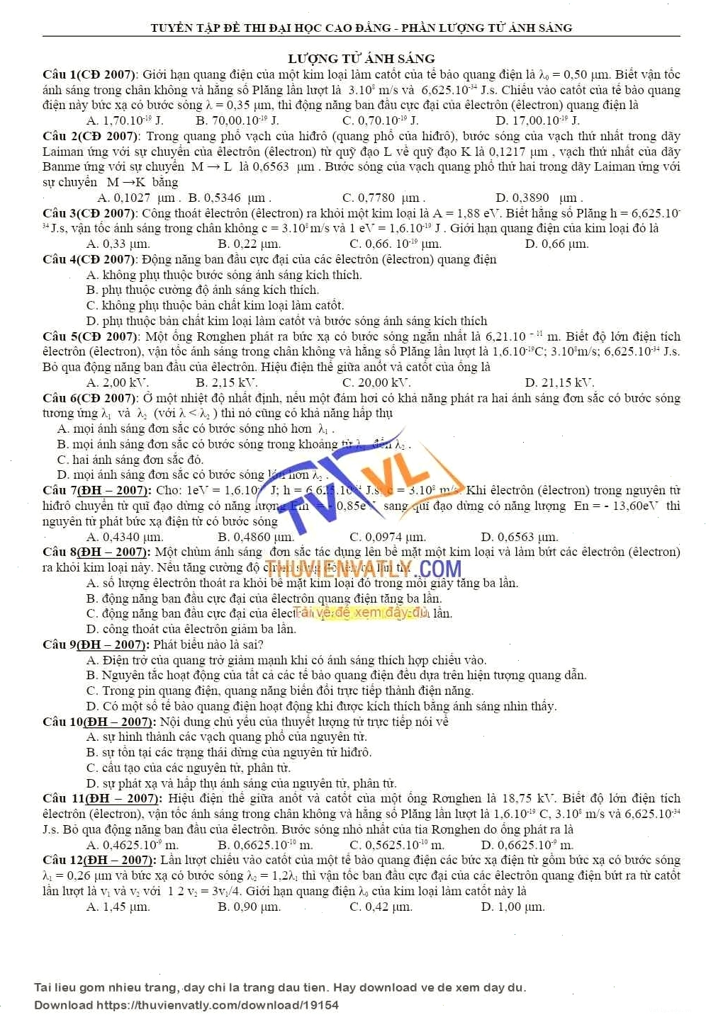Tổng hợp đề thi đại học về Lượng tử