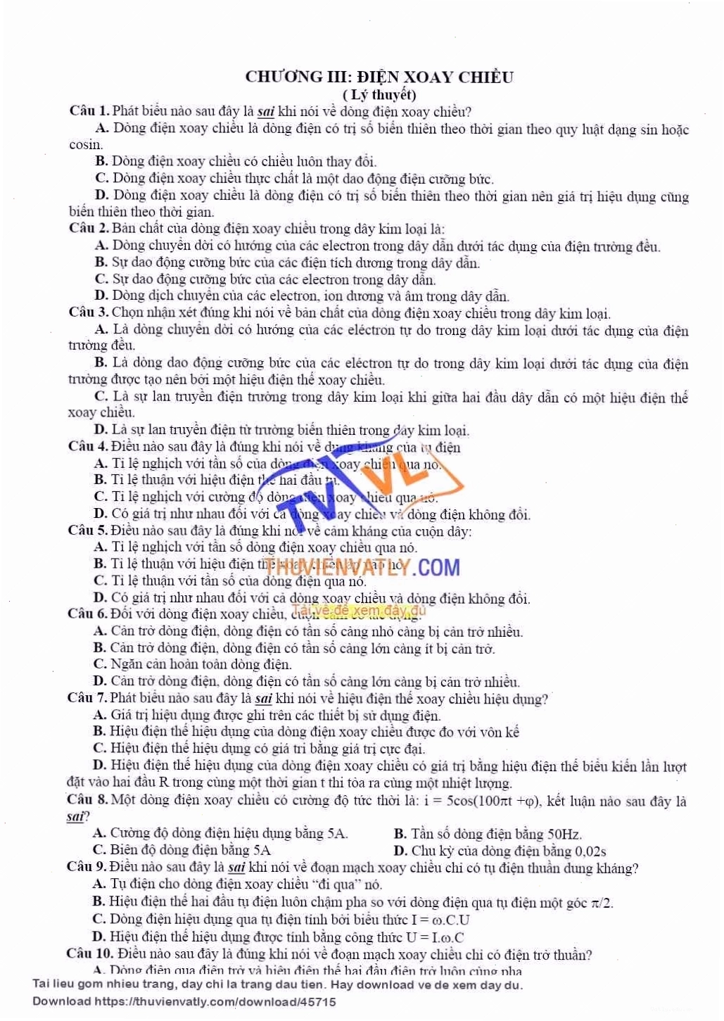 Trắc nghiệm lý thuyết chương 3 vật lý 12