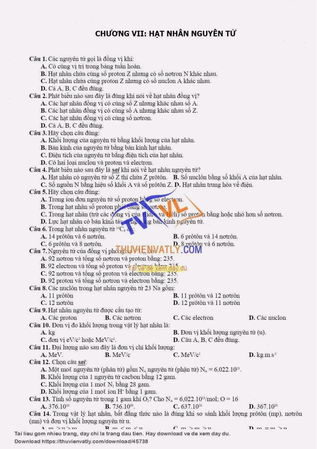 Trắc nghiệm lý thuyết chương 7 vật lý 12