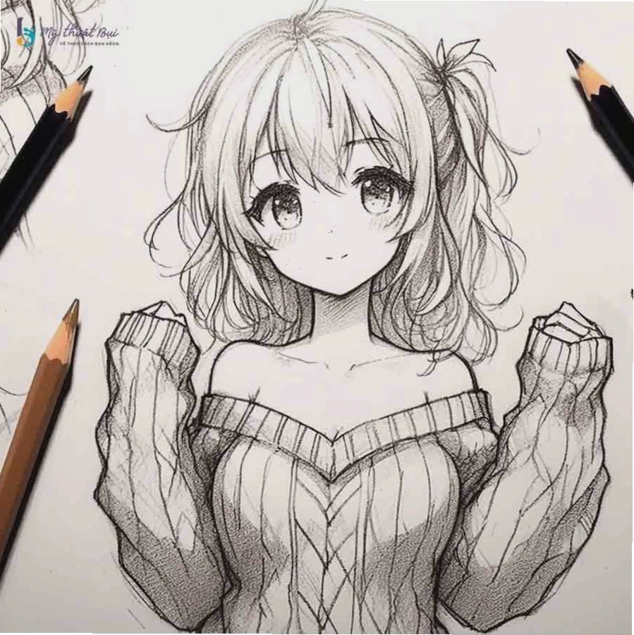 Tranh vẽ anime nữ với mái tóc dài bồng bềnh