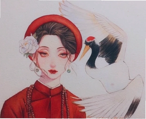 Tranh vẽ áo dài duyên dáng theo phong cách anime