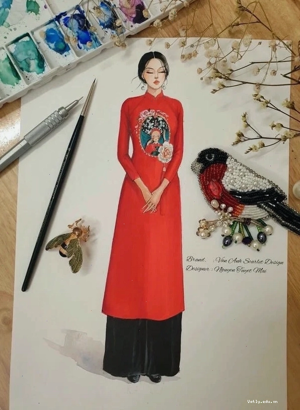 Tranh vẽ áo dài với màu sắc tươi sáng
