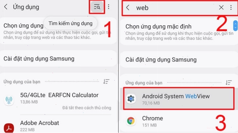 Tìm kiếm Android System WebView trong danh sách ứng dụng