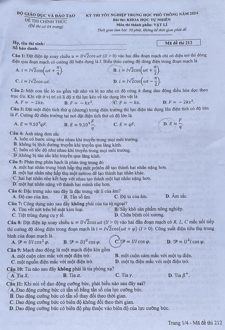 đề thi THPT QUỐC GIA MÔN VẬT LÝ 2024 1