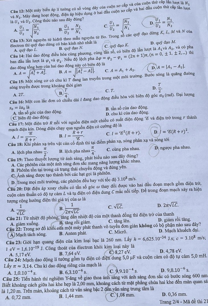 đề thi THPT QUỐC GIA MÔN VẬT LÝ 2024 2